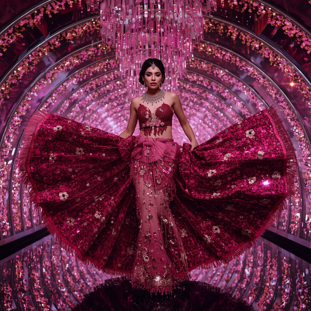 Fuchsia Blossom Crystal Fan Saree with Dreamlight Jewel Palace of Dreams | ai prompt text to image - Glamorous Brocade Silk Saree AI Prompts for Opulent Celebrations AI Prompt