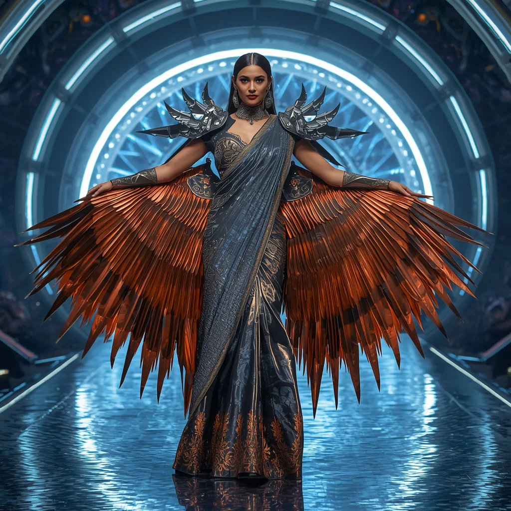 Futuristic Blade Phoenix Saree Look with Sci-Fi Thunder Dome Background | indian saree ai prompt - Traditional Pochampally Saree AI Image Prompts for Rich Weaves AI Prompt