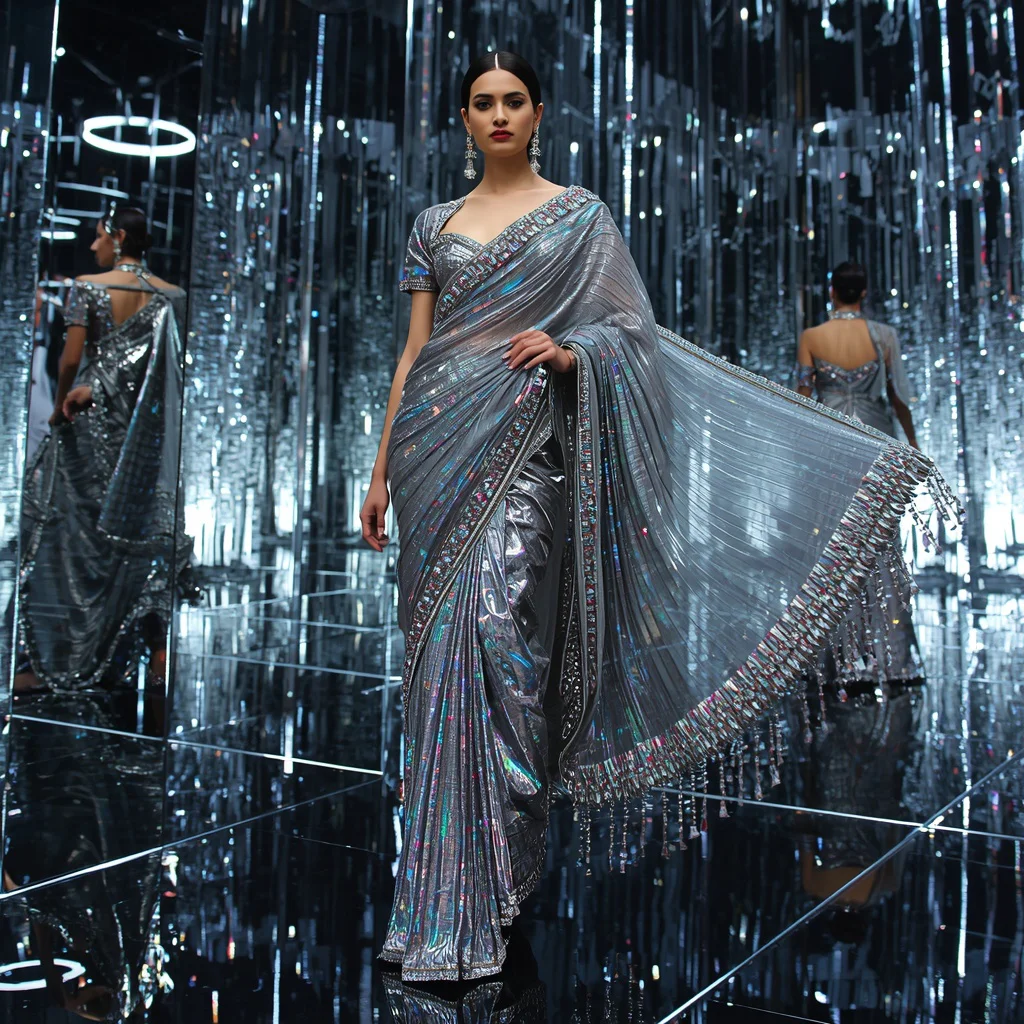 Futuristic Chrome Nova Saree Couture with Infinity Reflection Laser Dome Background | cute prompt for girls in saree - New 10 Traditional Young Girl Saree AI Prompts for Village Temple Visits AI Prompt