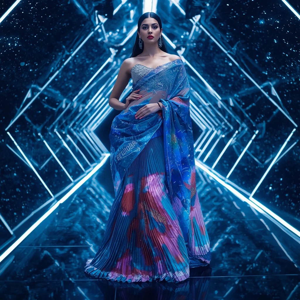 Futuristic Digital Galaxy Saree Look with Infinity Star Tunnel Background | kurti prompt for girl - Traditional Pochampally Saree AI Image Prompts for Rich Weaves AI Prompt