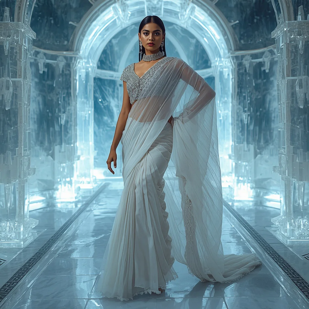 Futuristic Frozen Crystal Saree Fashion Pose with Ice Diamond Fortress Background | new prompt girl - Ethereal Silk Organza Saree AI Prompts for Delicate Charm AI Prompt