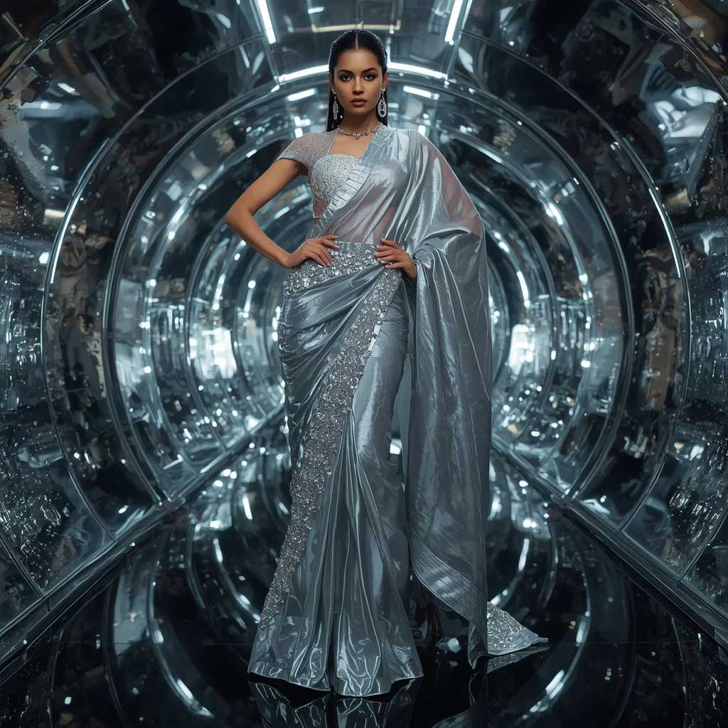 Futuristic Liquid Silver Saree Look with Chrome Reflection Dome Background | aesthetic saree ai prompt - Ethereal Silk Organza Saree AI Prompts for Delicate Charm AI Prompt