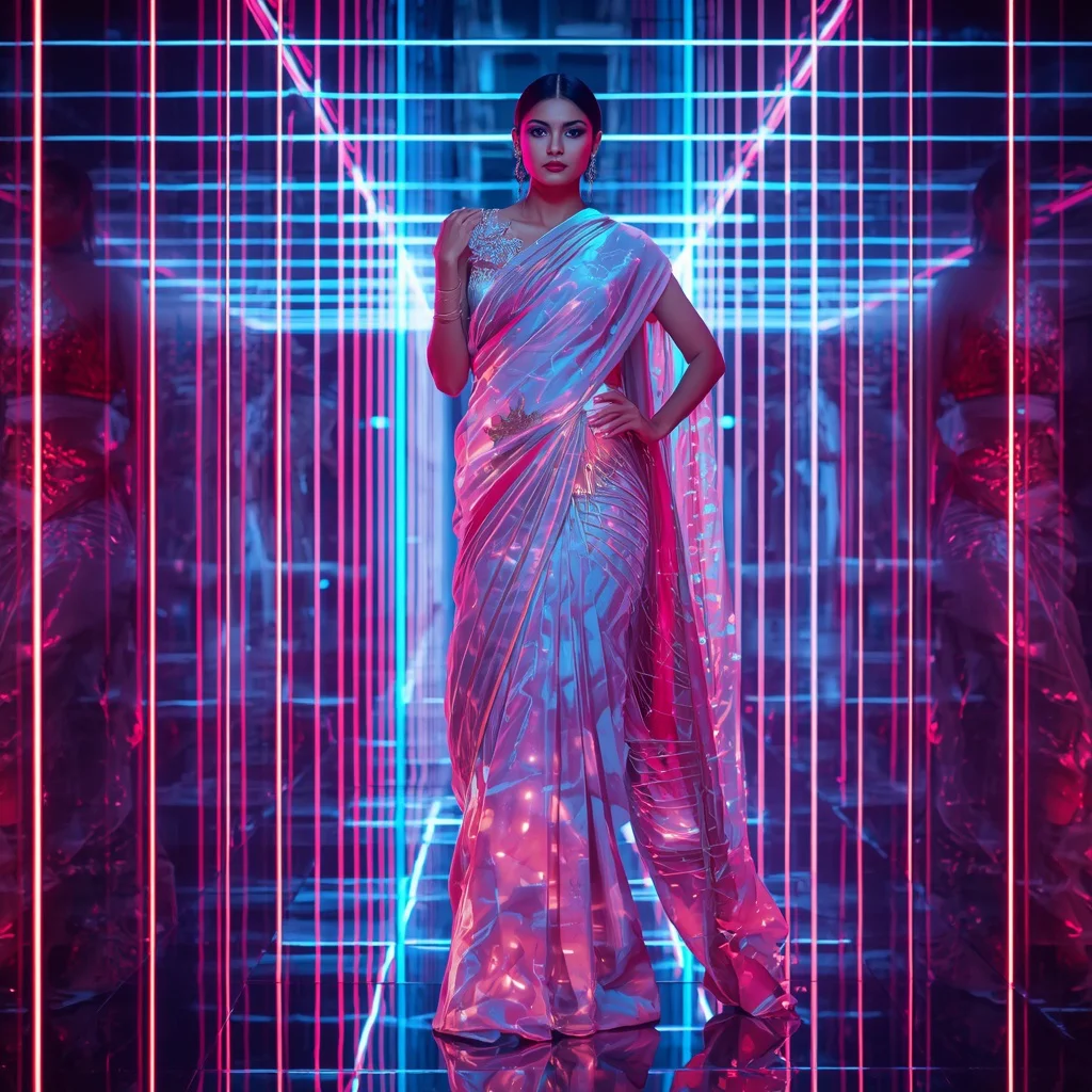 Futuristic Neon Aurora Saree Fashion Look with Cyber Infinity Corridor Background | saree prompt for gemini girl instagram - Best 10 Artistic Child Saree AI Prompts for Digital Mixed Media Art AI Prompt