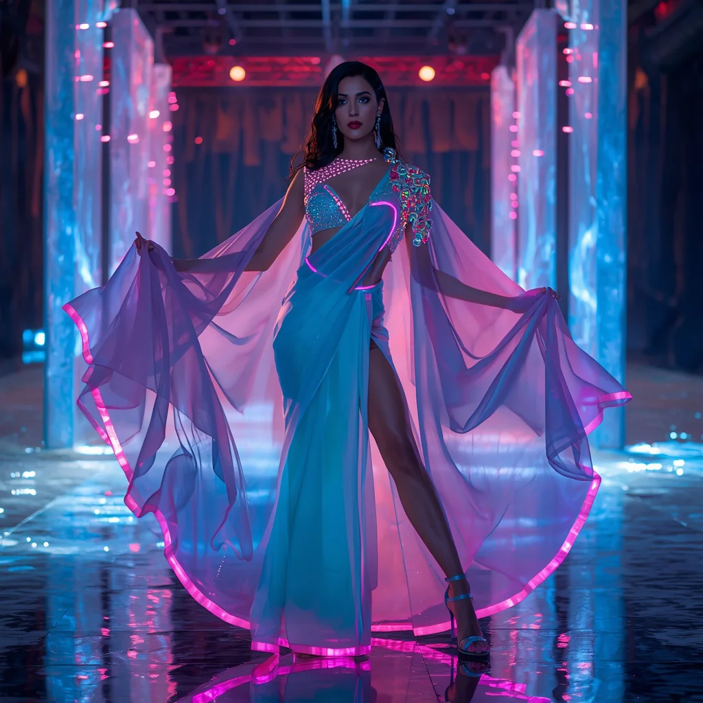 Futuristic Neon Aurora Saree Fashion Pose with Cyber Ice Arena Background | saree prompt for chatgpt for girl - Traditional Pochampally Saree AI Image Prompts for Rich Weaves AI Prompt