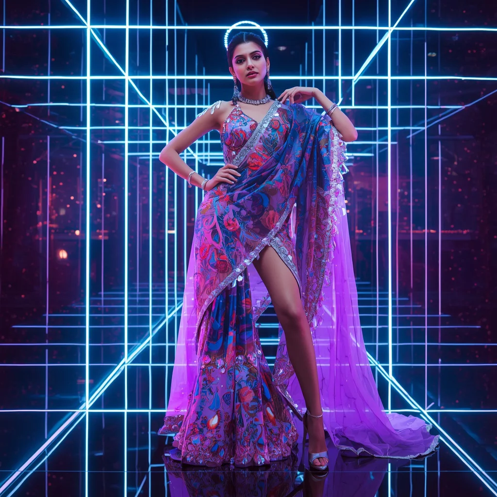 Futuristic Neon Galaxy Saree Look with Infinity Cyber Cube Background | retro style prompt for gemini girl in saree copy and paste - Glamorous Brocade Silk Saree AI Prompts for Opulent Celebrations AI Prompt