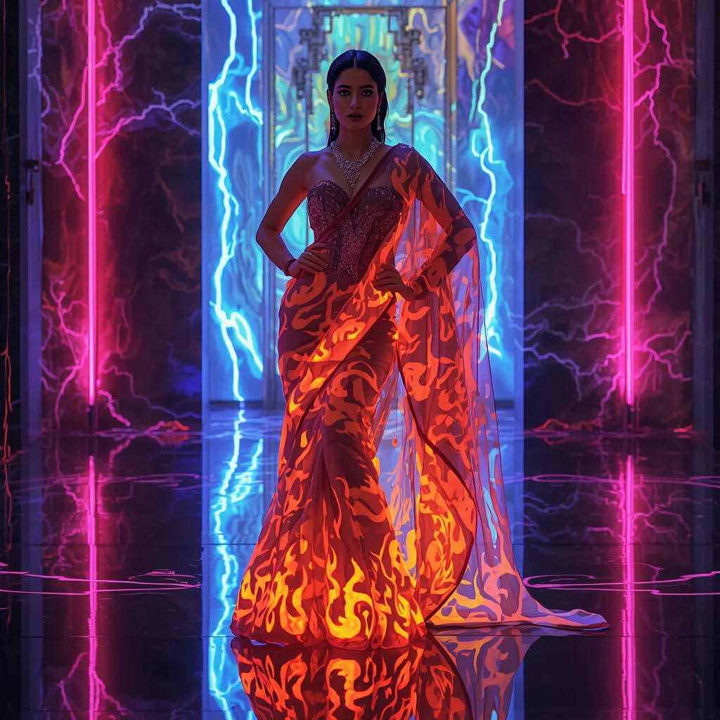 Futuristic Prism Flame Saree Pose with Multicolor Electric Palace Background | kurti prompt for girl - Traditional Pochampally Saree AI Image Prompts for Rich Weaves AI Prompt