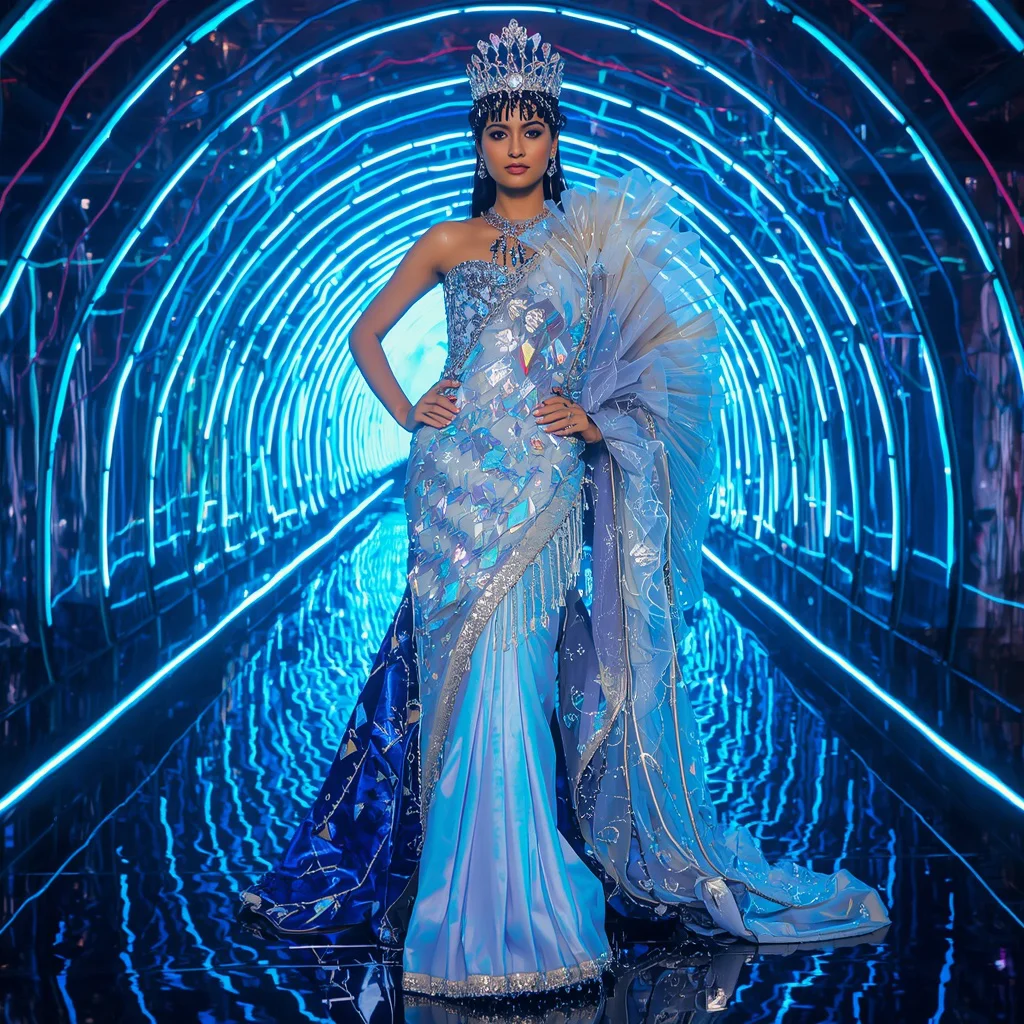 Futuristic Prism Queen Saree Look with Infinity Neon Reflection Tunnel Background | prompt for gemini ai girl modern saree copy and paste - Top 10 Charming Teen Saree AI Image Prompts for Historical reenactments AI Prompt