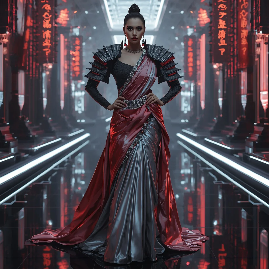 Futuristic Samurai Saree with Neon Tokyo Palace | prompt for traditional look for couple - Traditional Mysore Silk Saree AI Image Prompts for Southern Charm AI Prompt