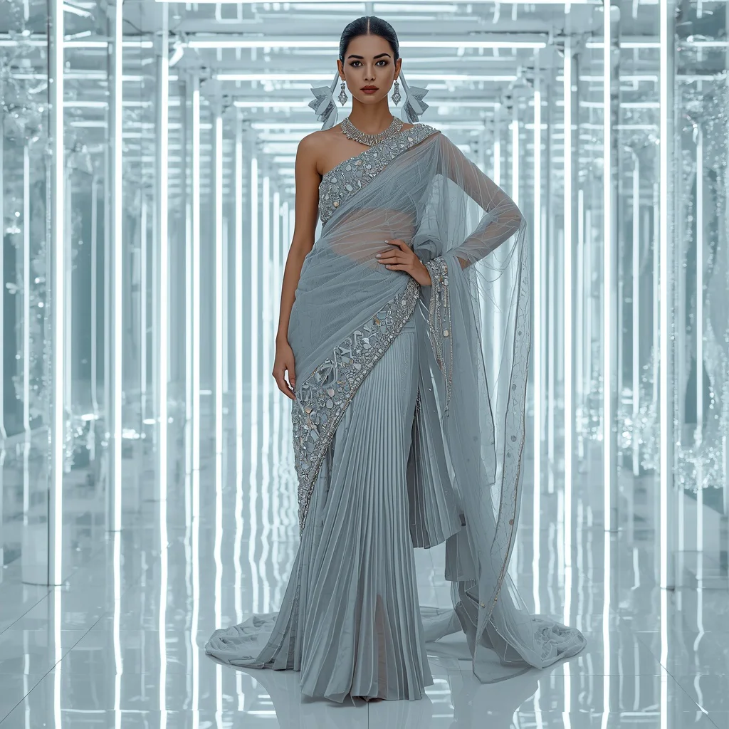 Futuristic Silver Flame Saree Look with White Neon Crystal Infinity Hall Background | gemini traditional saree prompt pdf download - New 10 Traditional Young Girl Saree AI Prompts for Village Temple Visits AI Prompt