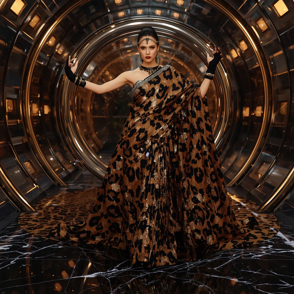 Galactic Leopard Empress Saree with Floating Chrome Spot Rings | best prompt for girls college - New 10 Bollywood Glam Saree AI Prompts for Celebratory Indian Festive Wear Photography AI Prompt