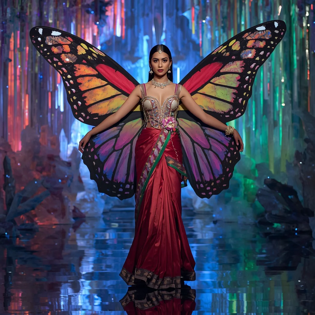 Giant Butterfly Rainbow Saree Fashion Pose with Fantasy Crystal Castle Background | instagram trending prompt generator - Traditional Pochampally Saree AI Image Prompts for Rich Weaves AI Prompt