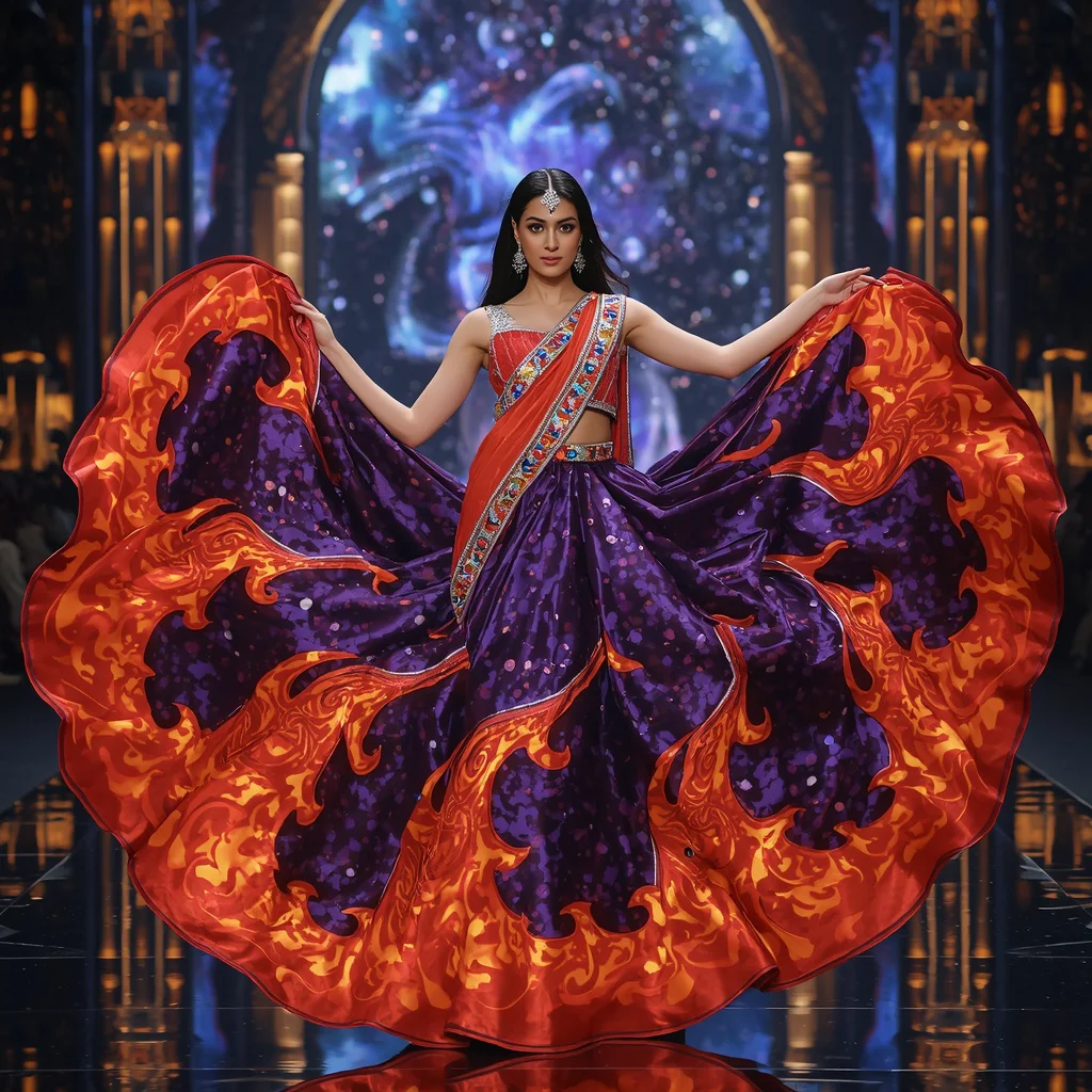 Giant Cosmic Flame Saree with Galaxy Reflection Palace | free prompt for girls college - Artistic Hand-Painted Floral Saree AI Prompts for Garden Elegance AI Prompt