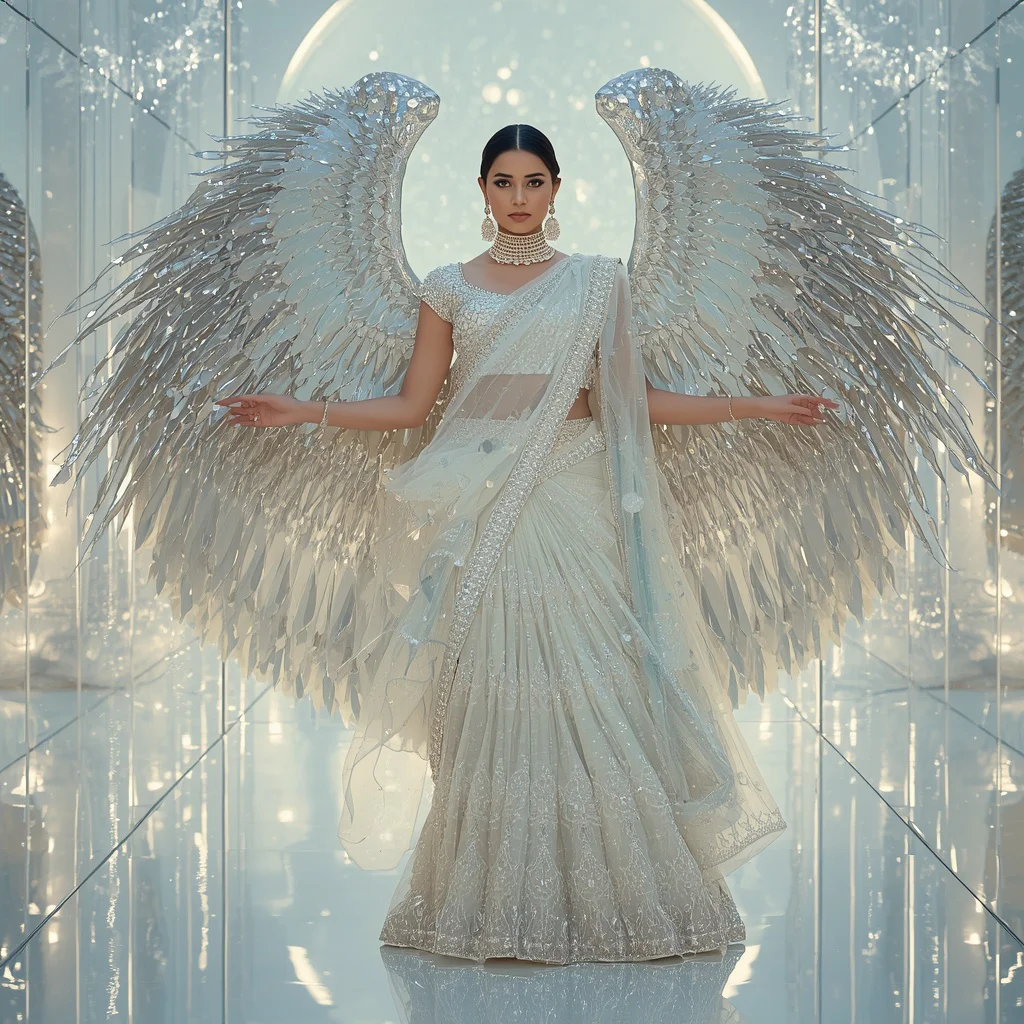 Giant Crystal Crane Saree with White Reflection Kingdom | desi saree ai prompt - Top 10 Charming Teen Saree AI Image Prompts for School Talent Shows AI Prompt