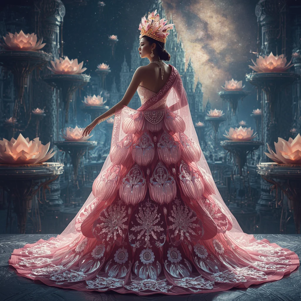 Giant Crystal Crown Lotus Saree with Floating Temple Galaxy | gemini girl photo prompt indian style - Professional Solid Saree AI Image Prompts for Executive Elegance AI Prompt