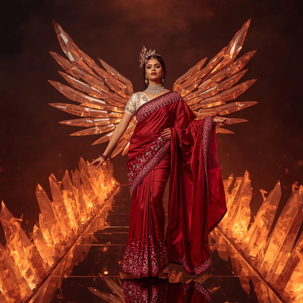Giant Crystal Firebird Saree Pose with Floating Flame Bridge Background | prompt seen trending 2026 - Ethereal Silk Organza Saree AI Prompts for Delicate Charm AI Prompt