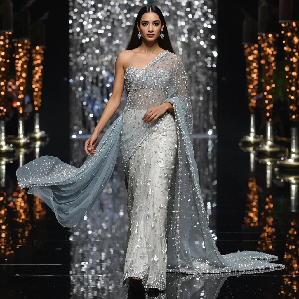 Giant Crystal Rain Saree with Monsoon Reflection Hall | prompt for traditional look for girl - New 10 Playful Young Girl Saree AI Prompts for Playground Adventures AI Prompt