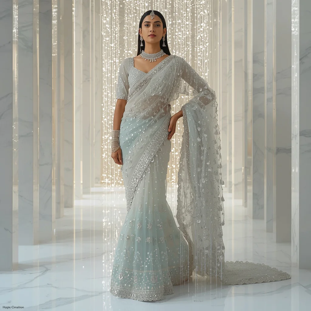 Giant Crystal Rainfall Saree with White Marble Kingdom | traditional saree ai prompt - Top 10 Charming Teen Saree AI Image Prompts for School Talent Shows AI Prompt