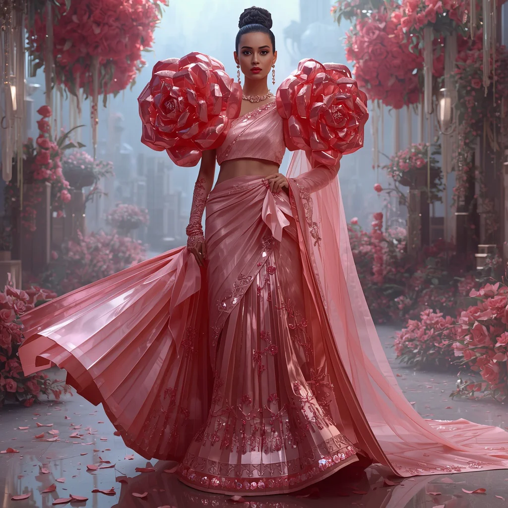Giant Crystal Rose Armor Saree with Royal Bloom Fortress Kingdom | instagram prompt for traditional look for girl in english - Professional Solid Saree AI Image Prompts for Executive Elegance AI Prompt