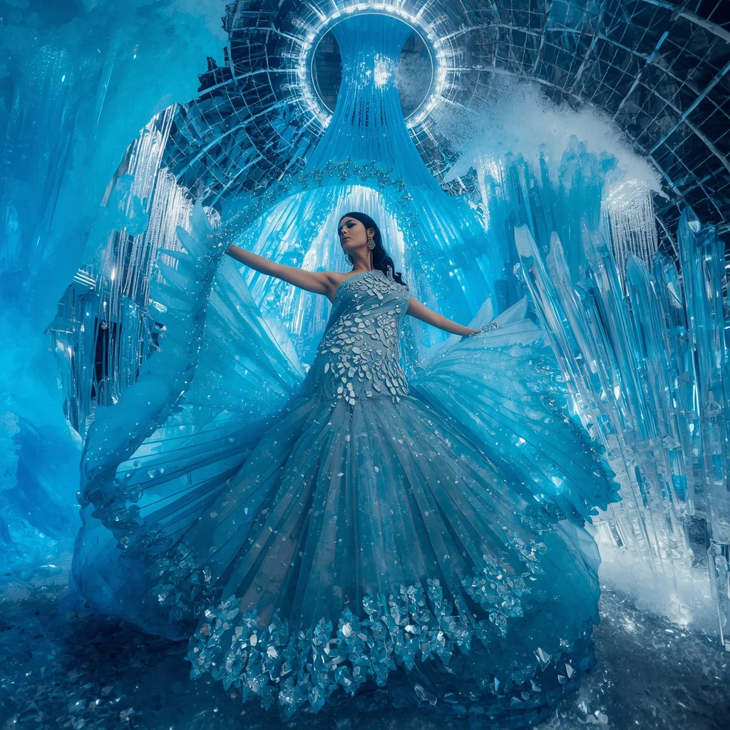 Giant Crystal Wave Tunnel Saree with Infinite Ocean Light Cathedral | prompt for gemini ai girl style trending indian - Ethereal Silk Organza Saree AI Prompts for Delicate Charm AI Prompt