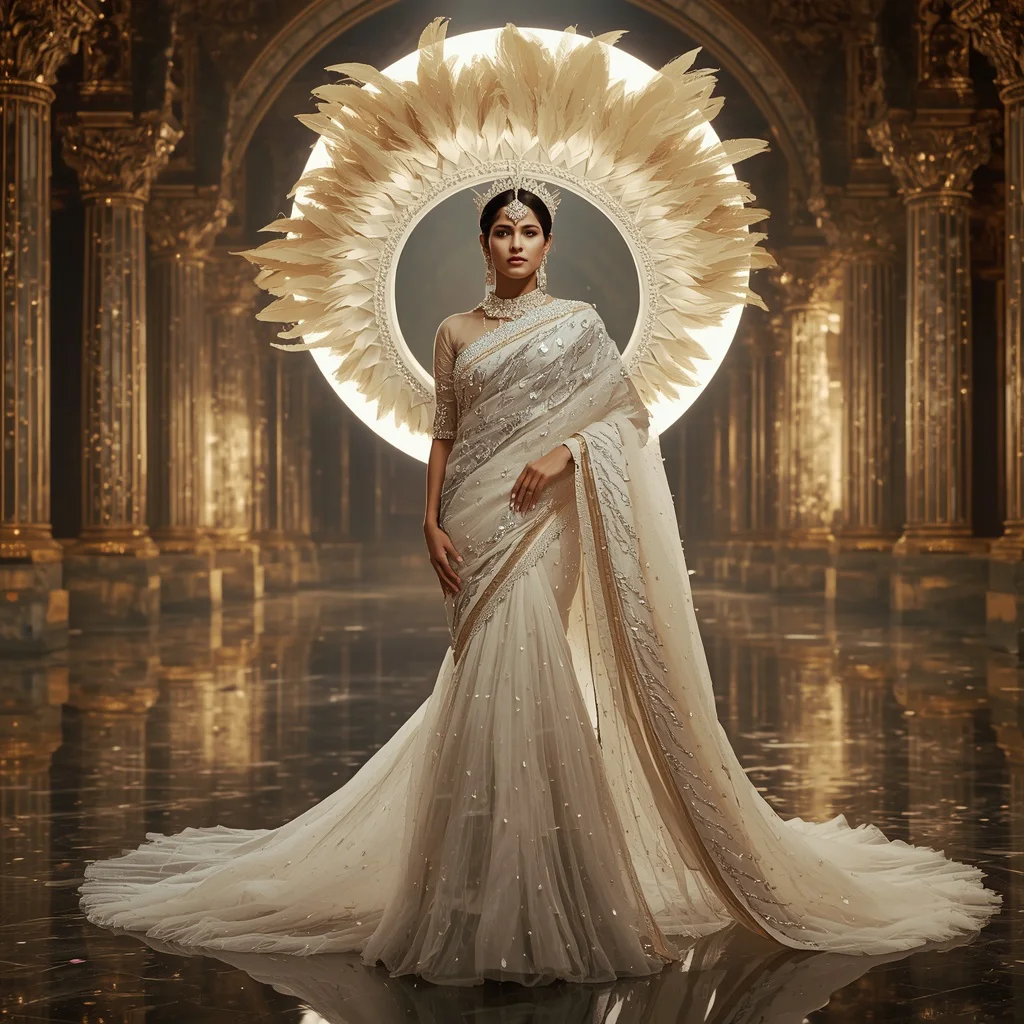 Giant Feather Moon Crown Saree with Celestial Dream Hall | best prompt for saree for wedding - Charming Young Girl Saree AI Image Prompts for Vibrant Cultural Portraits AI Prompt
