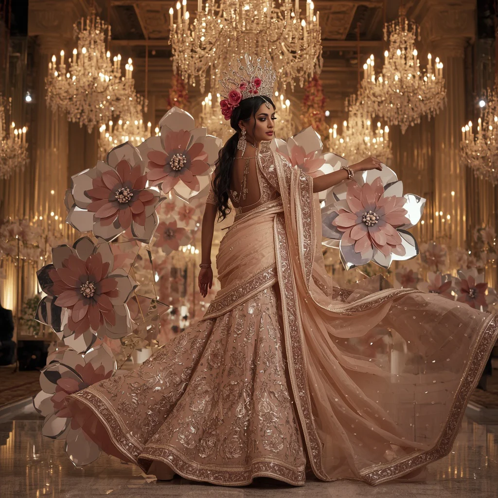 Giant Floral Mirror Crown Saree with Wedding Crystal Kingdom | gemini traditional saree prompt pdf - Charming Young Girl Saree AI Image Prompts for Vibrant Cultural Portraits AI Prompt