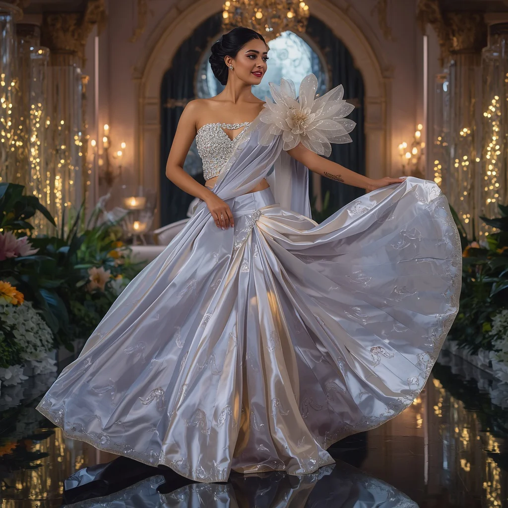 Giant Floral Moon Saree Pose with Luxury Crystal Garden Palace Background | prompt for traditional look for girl - Traditional Pochampally Saree AI Image Prompts for Rich Weaves AI Prompt