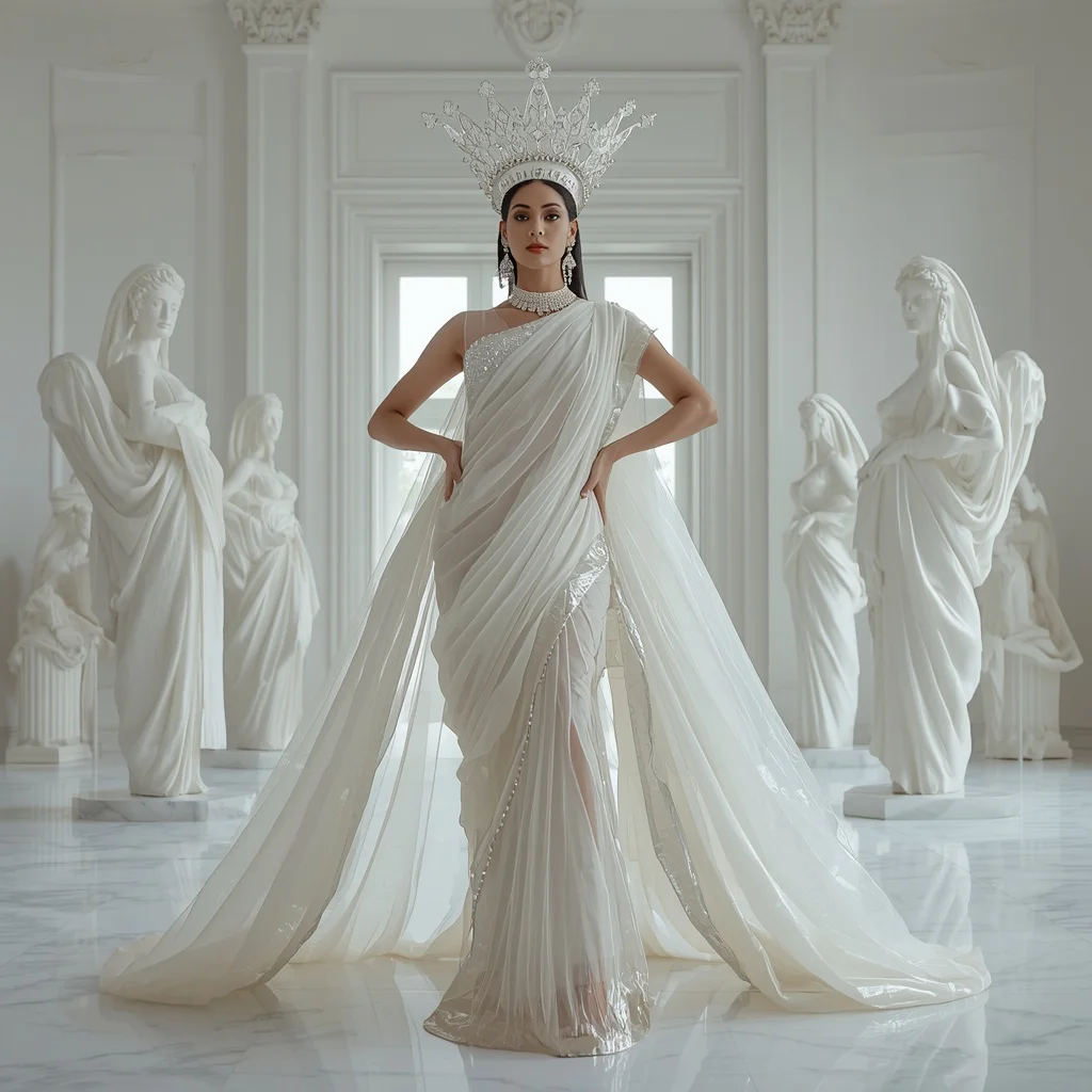 Giant Glass Crown Saree with White Luxury Museum | 2026 chatgpt prompt - Artistic Hand-Painted Floral Saree AI Prompts for Garden Elegance AI Prompt