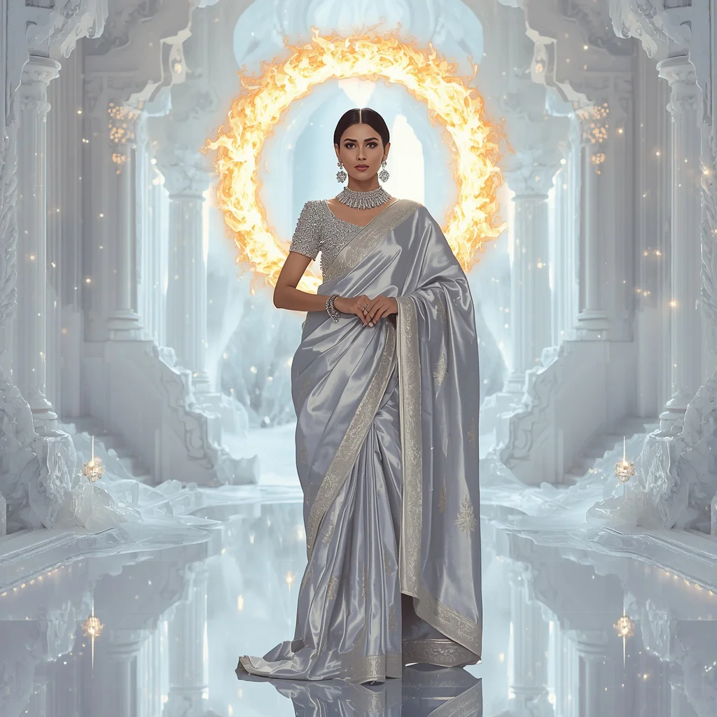 Giant Halo Fire Queen Saree Look with White Fantasy Sky Kingdom Background | viral prompt - Traditional Pochampally Saree AI Image Prompts for Rich Weaves AI Prompt