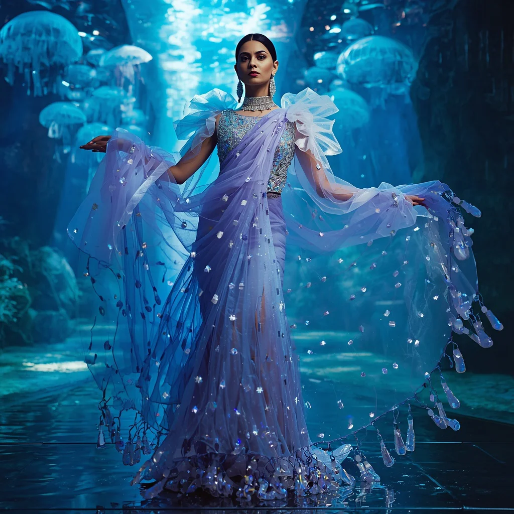 Giant Jellyfish Fantasy Saree with Underwater Neon Palace | prompt for girl in saree pic chatgpt - New 10 Playful Young Girl Saree AI Prompts for Playground Adventures AI Prompt