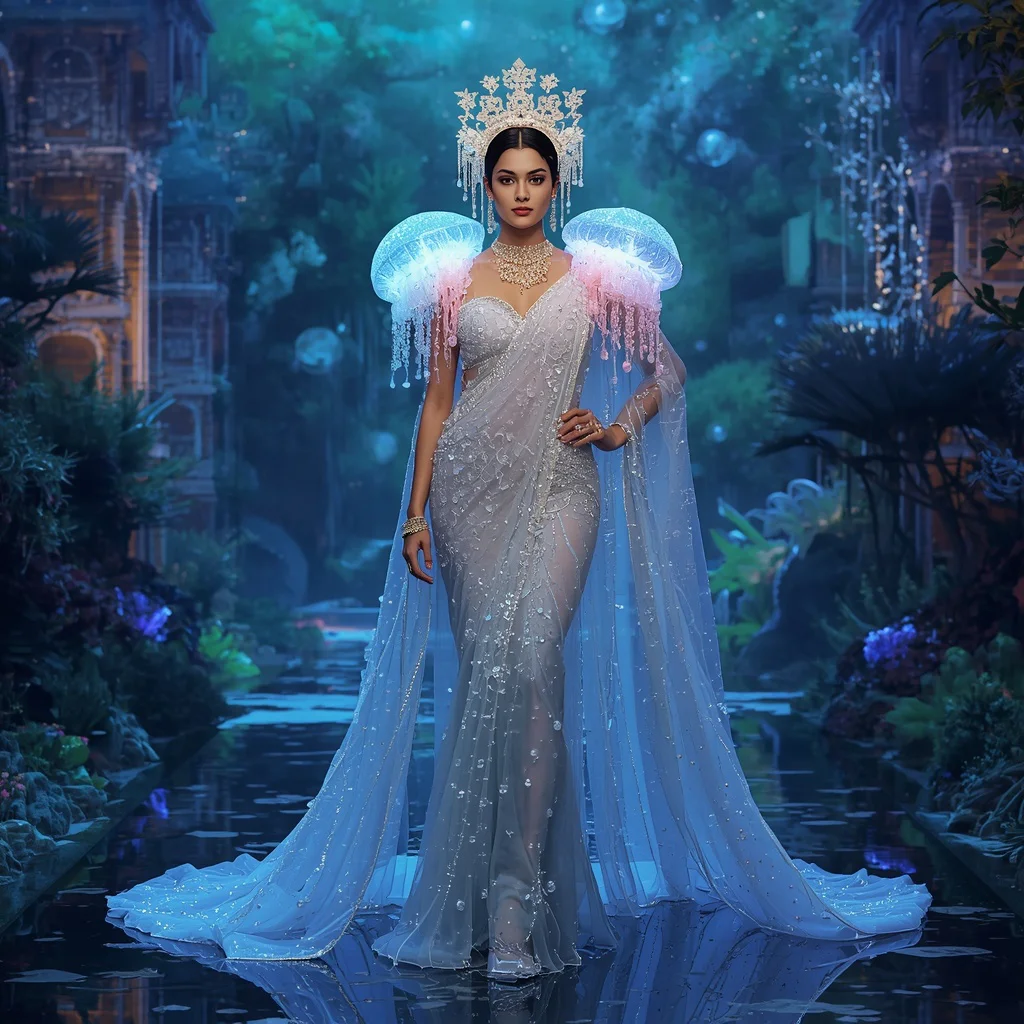Giant Luxury Crystal Jellyfish Crown Saree with Bioluminescent Ocean Palace | instagram trending saree prompt for girl - Charming Young Girl Saree AI Image Prompts for Vibrant Cultural Portraits AI Prompt