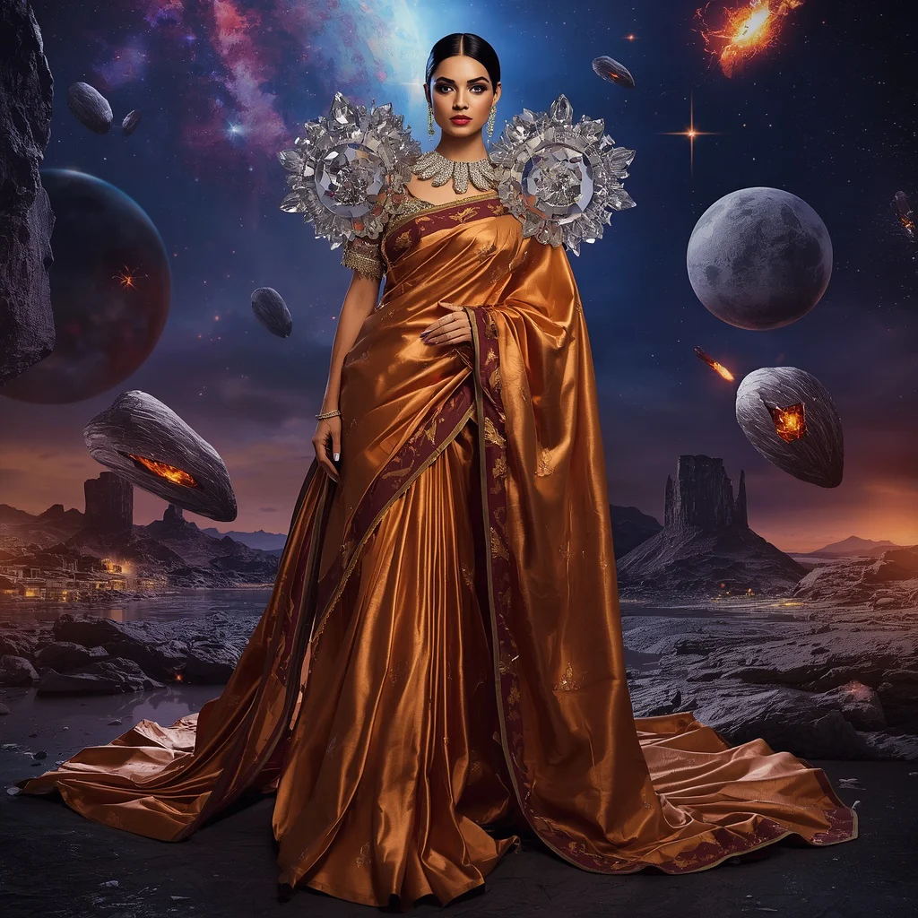 Giant Luxury Crystal Meteor Saree with Cosmic Impact Kingdom | prompt for gemini ai girl in saree 2026 in english - Charming Young Girl Saree AI Image Prompts for Vibrant Cultural Portraits AI Prompt