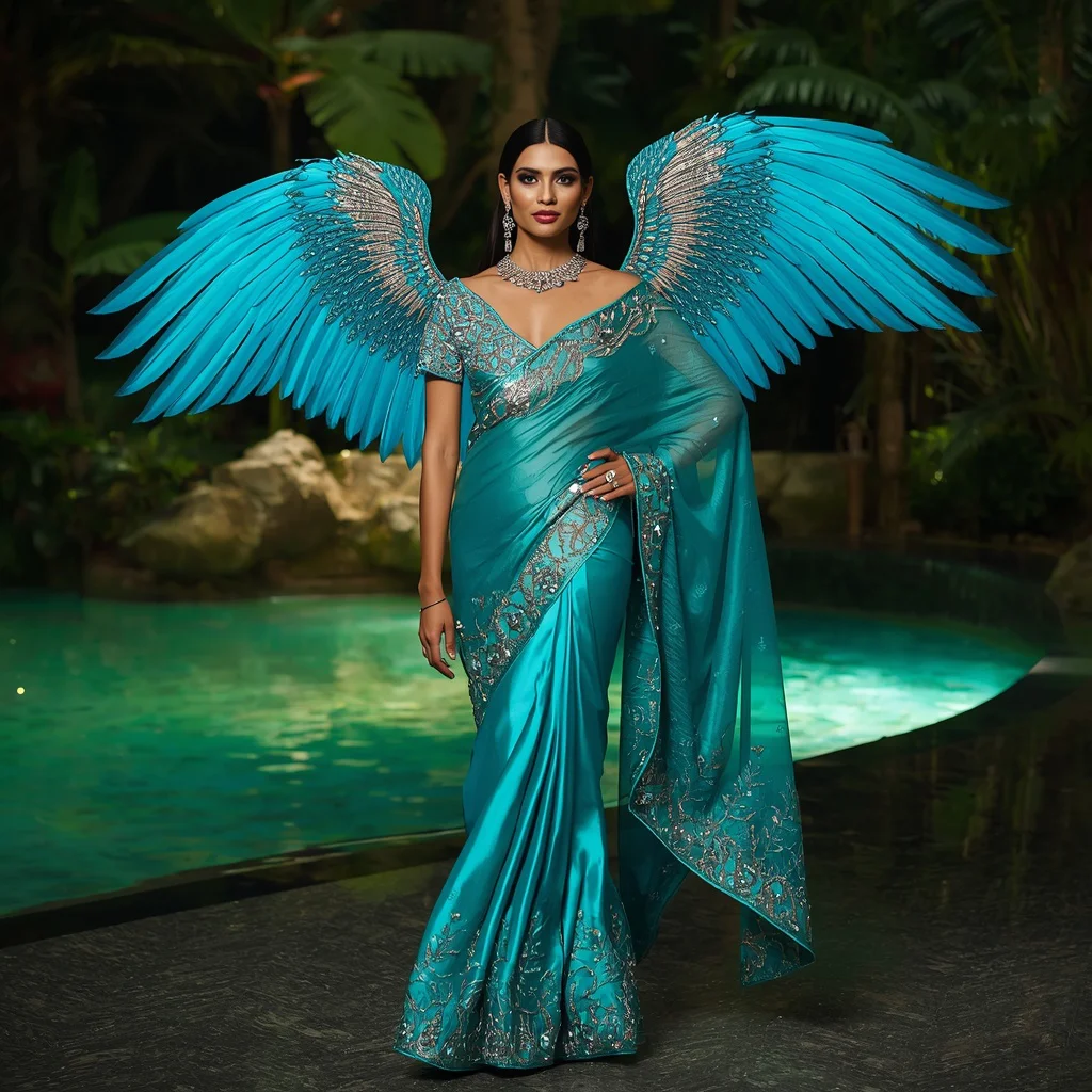 Giant Luxury Kingfisher Saree with Emerald River Sanctuary | prompt ai - Traditional Mysore Silk Saree AI Image Prompts for Southern Charm AI Prompt