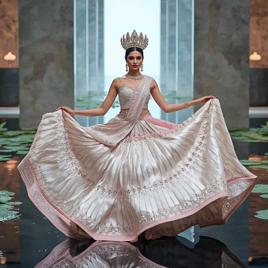 Giant Metallic Lotus Crown Saree with Floating Water Hall | new ai prompt girl download - Artistic Hand-Painted Floral Saree AI Prompts for Garden Elegance AI Prompt