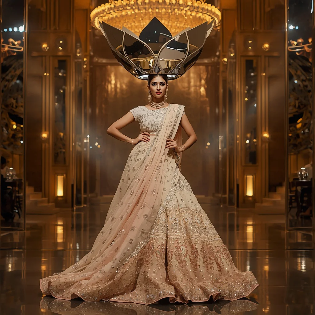 Giant Mirror Crown Lotus Saree with Royal Festival Hall | new instagram trending photo editing prompt - Top 10 Charming Teen Saree AI Image Prompts for School Talent Shows AI Prompt