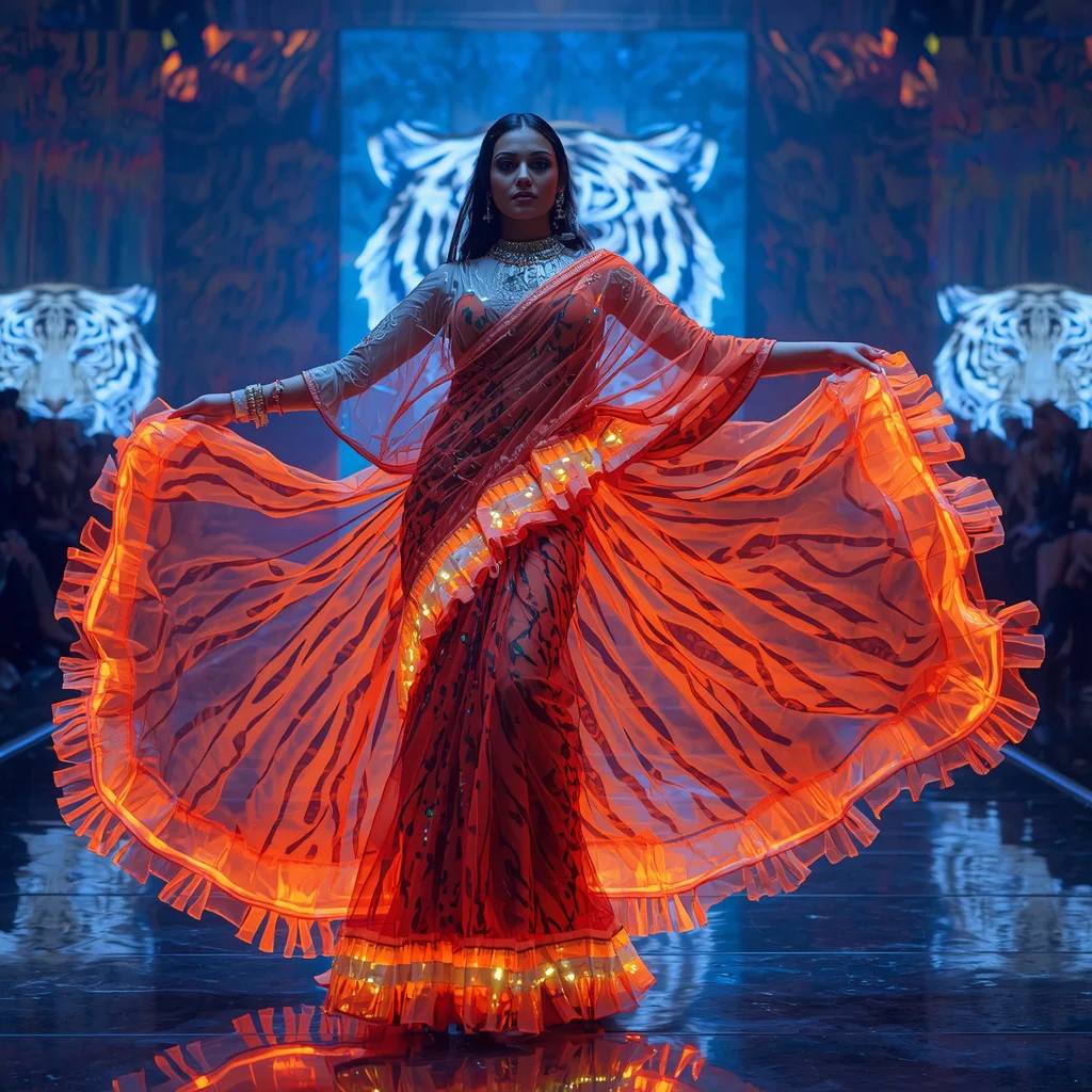 Giant Neon Tiger Saree Look with Cyber Wild Arena Background | prompt for traditional look for girl instagram - Ethereal Silk Organza Saree AI Prompts for Delicate Charm AI Prompt
