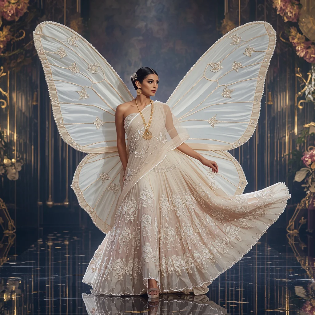 Giant Pearl Butterfly Saree with Fantasy Floral Palace | trending violet saree prompt - Best 10 Serene Child Saree AI Prompts for Cloud Gazing Photography AI Prompt