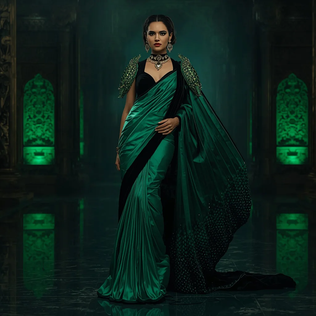 Giant Snake Couture Saree with Dark Emerald Temple | traditional saree prompt for girl online - Traditional Mysore Silk Saree AI Image Prompts for Southern Charm AI Prompt