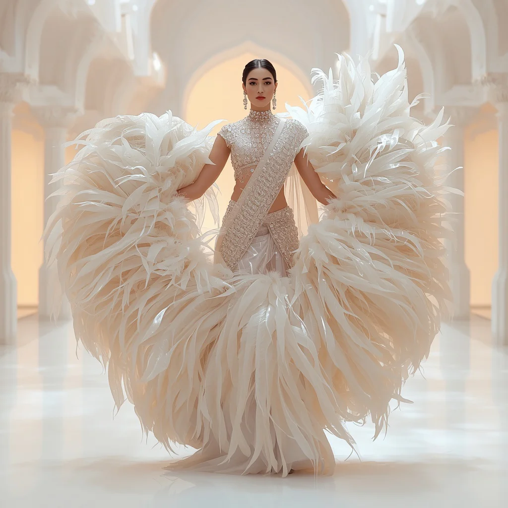Giant Transparent Feather Saree with White Cloud Palace | saree woman ai prompt - New 10 Playful Young Girl Saree AI Prompts for Playground Adventures AI Prompt