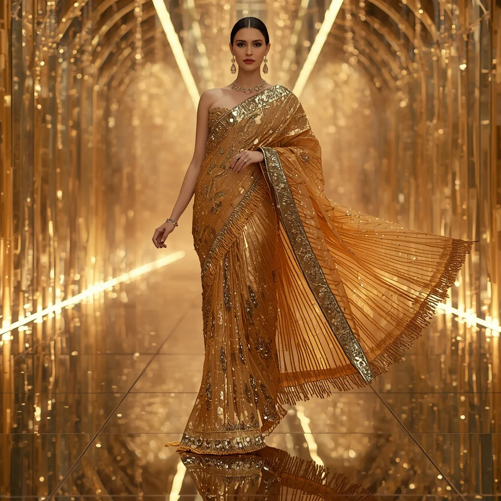 Golden Rainfall Mirror Saree with Floating Crystal Neon Hall | chatgpt saree prompt instagram - New 10 Bollywood Glam Saree AI Prompts for Celebratory Indian Festive Wear Photography AI Prompt