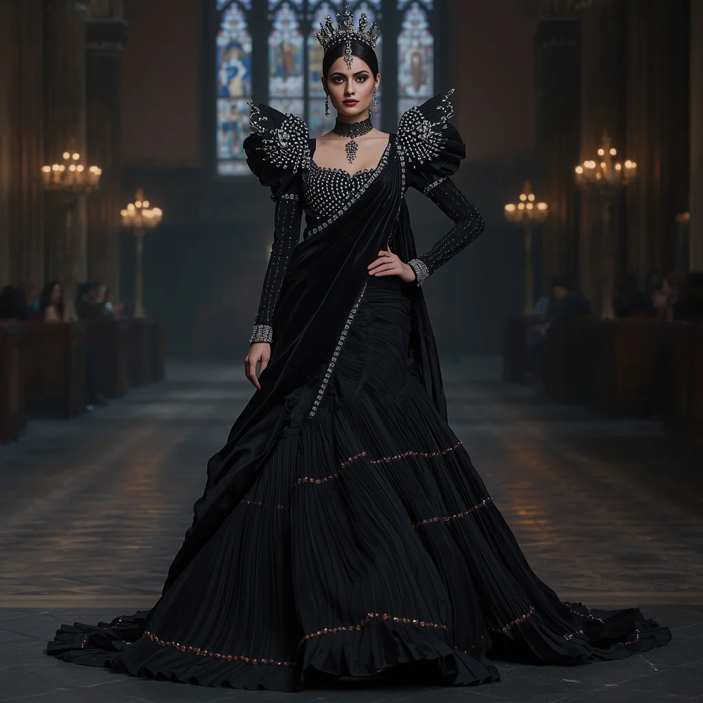 Gothic Queen Saree with Dark Royal Cathedral | chatgpt photo editing prompts trending instagram for girl - Traditional Mysore Silk Saree AI Image Prompts for Southern Charm AI Prompt