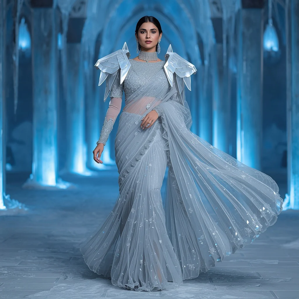 Ice Crystal Warrior Saree with Frozen Royal Hall | best saree prompt for chatgpt - Traditional Mysore Silk Saree AI Image Prompts for Southern Charm AI Prompt