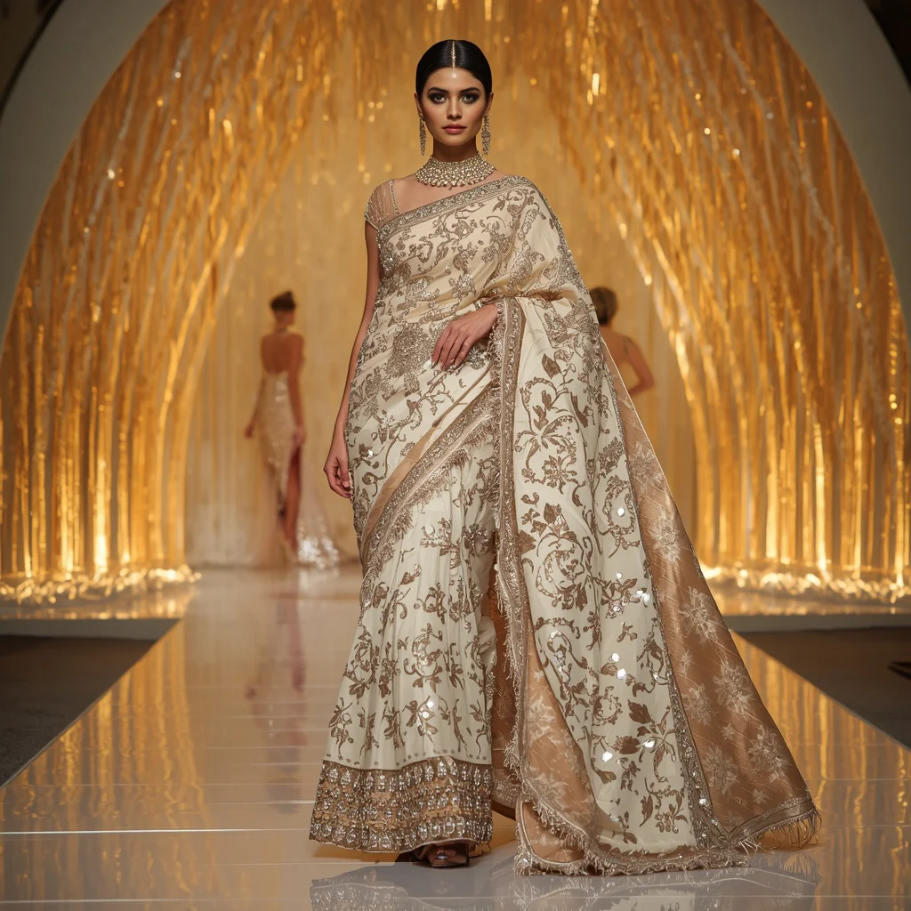 Ivory Pearl Maharani Crown Saree with Luminous Golden Crystal Crown Hall | prompt for gemini ai girl modern - Top 10 Modern Teen Saree AI Prompts for Urban Street Photography AI Prompt