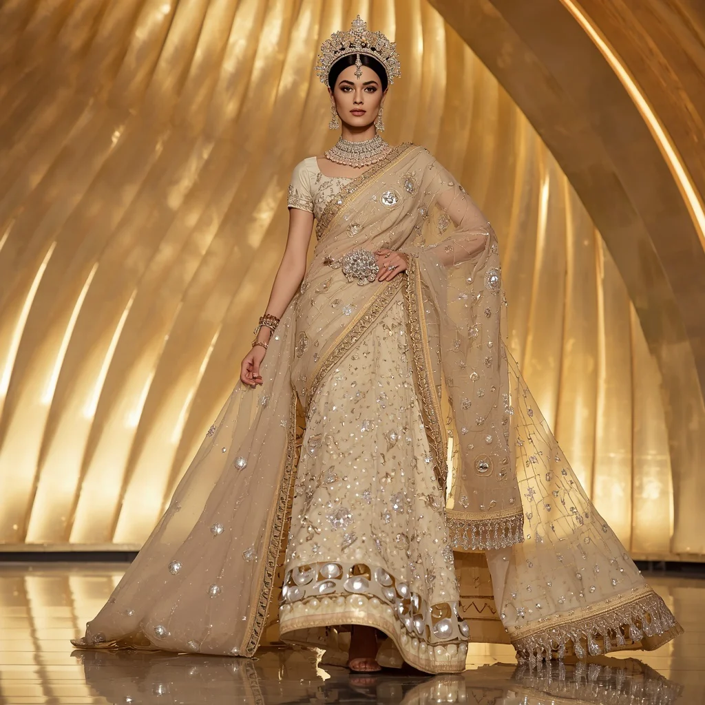 Ivory Pearl Maharani Crown Saree with Luminous Golden Crystal Palace of Dreams | new instagram trend prompt for girl saree look in english - Glamorous Brocade Silk Saree AI Prompts for Opulent Celebrations AI Prompt