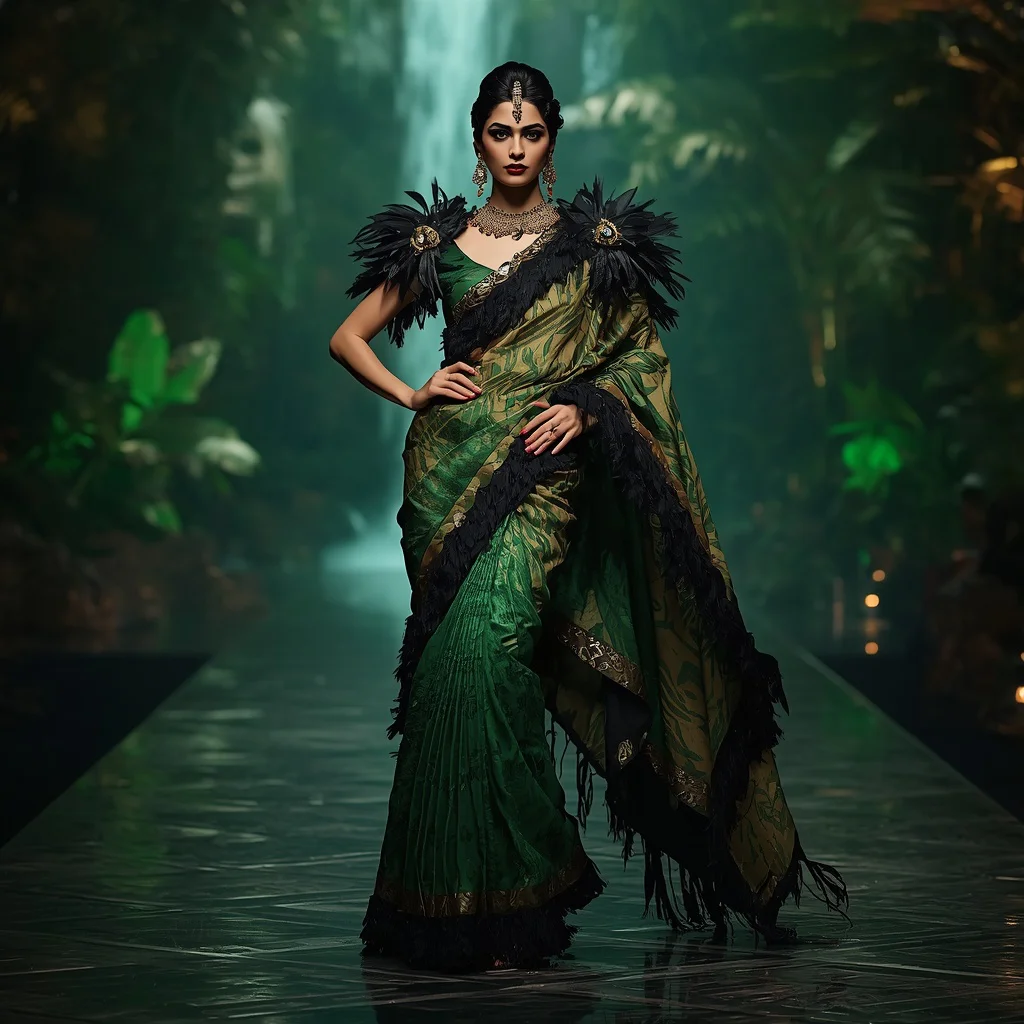 Jungle Queen Draped Saree with Wild Luxury Rainforest Background | grok prompt - Traditional Mysore Silk Saree AI Image Prompts for Southern Charm AI Prompt