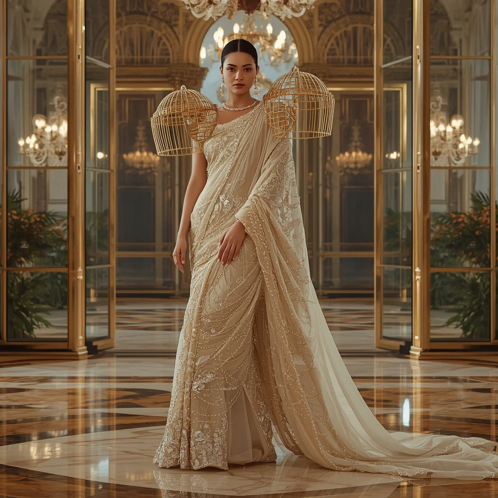 Luxury Bird Cage Saree with Royal Vintage Glass Palace | instagram trending purple saree prompt in english - New 10 Playful Young Girl Saree AI Prompts for Playground Adventures AI Prompt