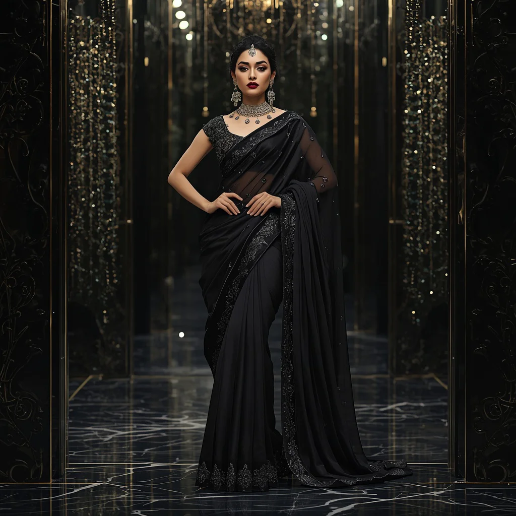 Luxury Black Ruby Saree Fashion with Dark Crystal Infinity Palace Background | new ai prompt girl instagram - New 10 Traditional Young Girl Saree AI Prompts for Village Temple Visits AI Prompt