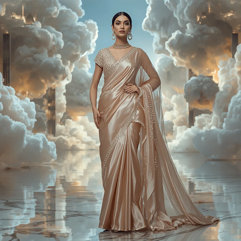 Luxury Crystal Cloud Saree Pose with Floating Heaven Kingdom Background | traditional saree prompt in english images - Ethereal Silk Organza Saree AI Prompts for Delicate Charm AI Prompt