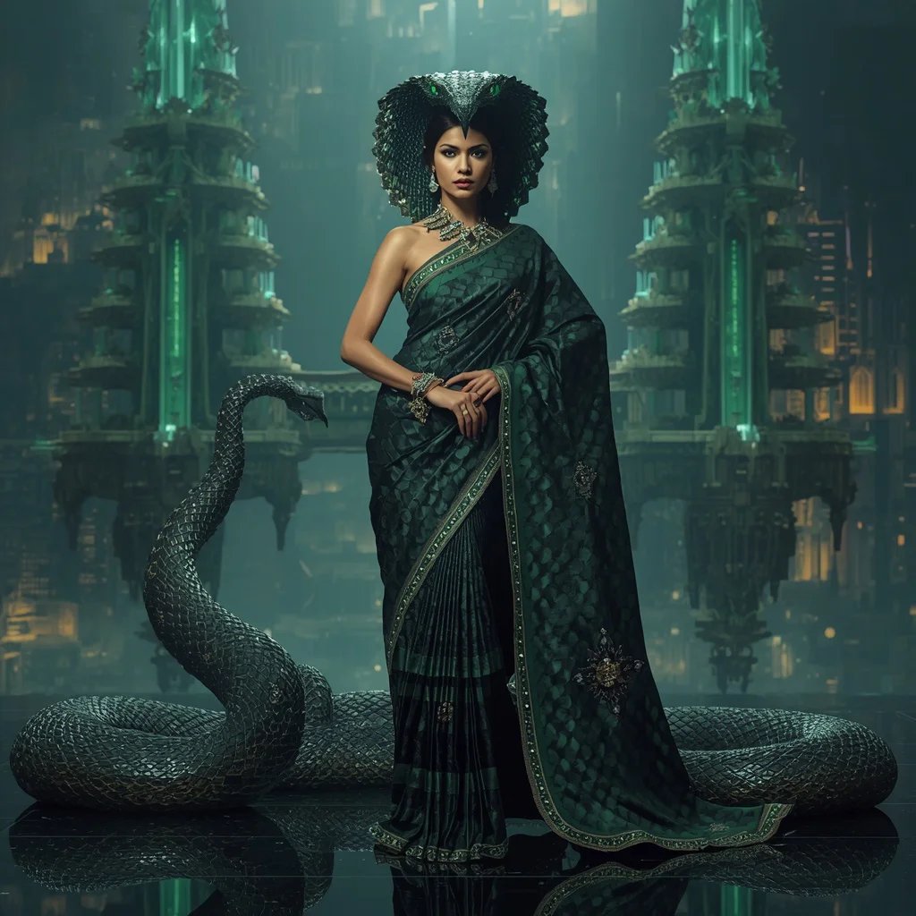Luxury Crystal Cobra Hood Saree with Floating Serpent Temple Megacity | instagram trending saree prompt for girl - Professional Solid Saree AI Image Prompts for Executive Elegance AI Prompt