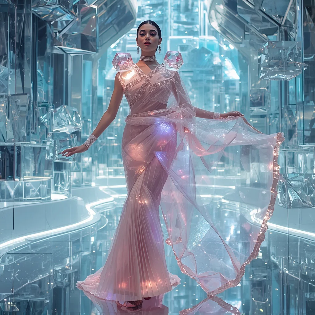 Luxury Crystal Jelly Cube Saree with Floating Transparent Megastructures | prompt for gemini ai girl in saree 2026 in english - Ethereal Silk Organza Saree AI Prompts for Delicate Charm AI Prompt
