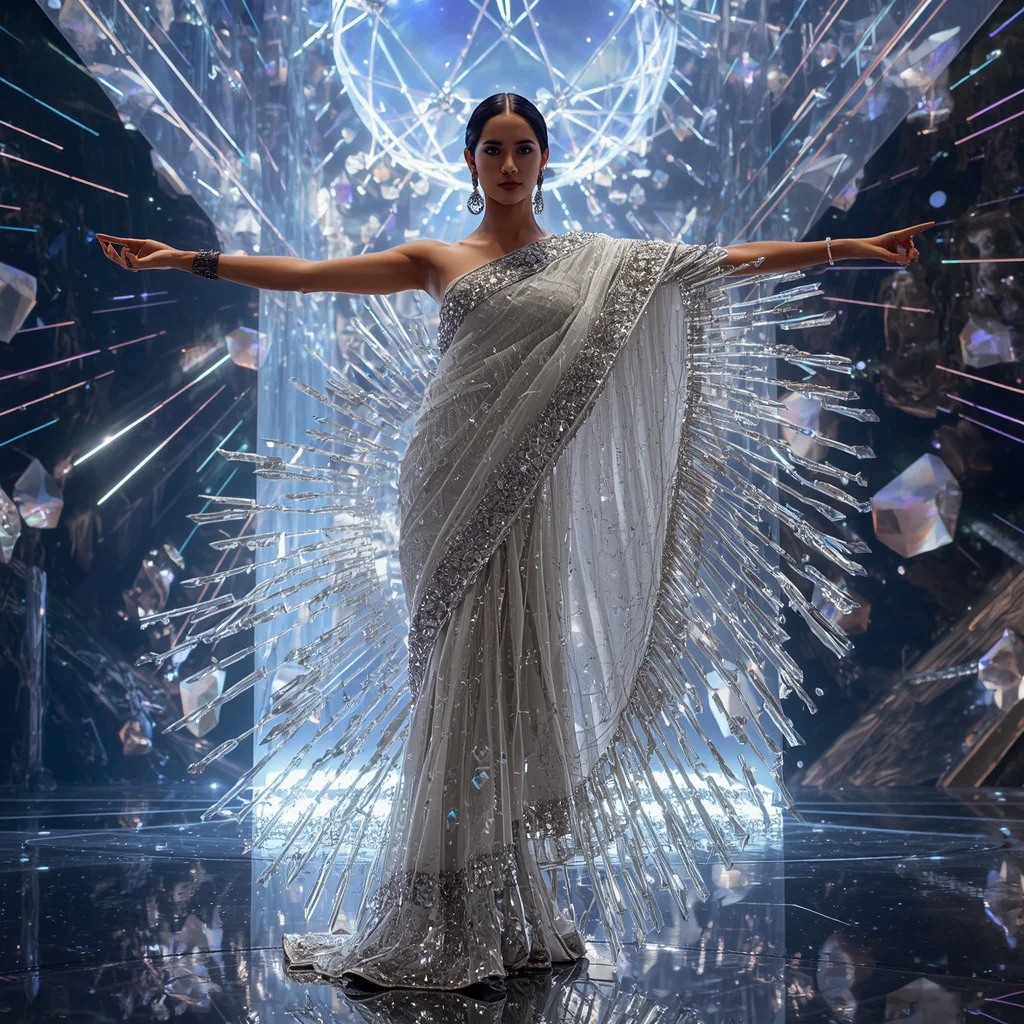 Luxury Crystal Magnet Field Saree with Floating Geometric Energy Core | trending purple saree prompt - Ethereal Silk Organza Saree AI Prompts for Delicate Charm AI Prompt